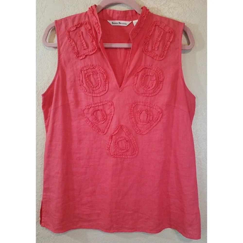 Susan Bristol Tunic 100% linen Sleeveless V-Neck Size Medium Coral - Picture 1 of 8